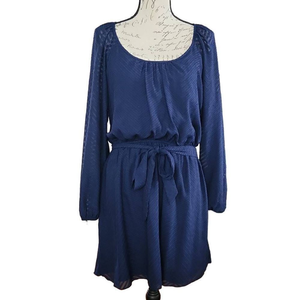 Speechless Women's Size XL Navy Zig Zag Pattern Blouson Long Sleeve Belted Dress